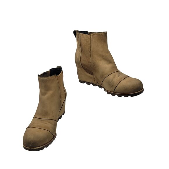 Sorel Womens Leather Lea Wedge Booties Elk Curry Sz 9.5 Mad Max Apocalyptic Tan - Picture 1 of 14
